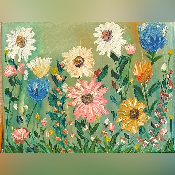Handmade Other - Colorful Floral Oil Painting - Pink, Yellow, Blue & White Blooms